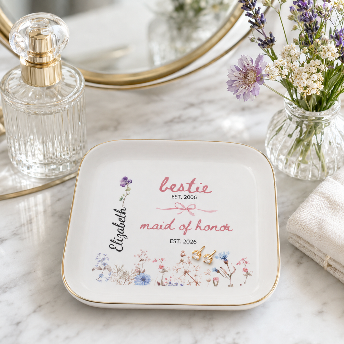 Personalized Maid of Honor Birth Flower Jewelry Dish – Custom Bestie Bridal Party Gift