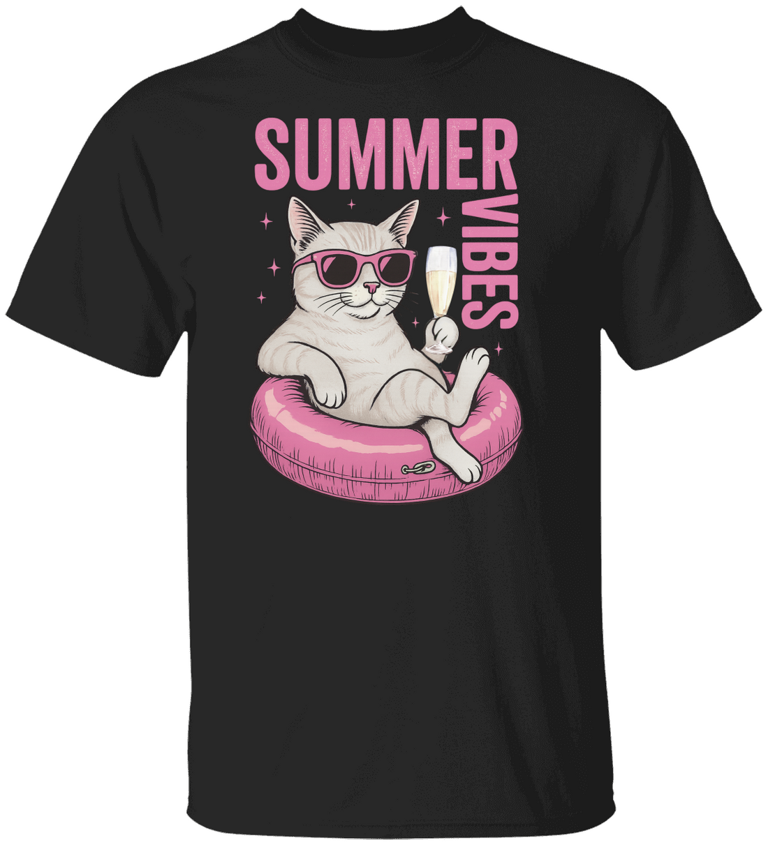 Summer Vibes T-Shirt, Summer Cat, Lazy River Cat, Cat in pool tube | Champagne Time
