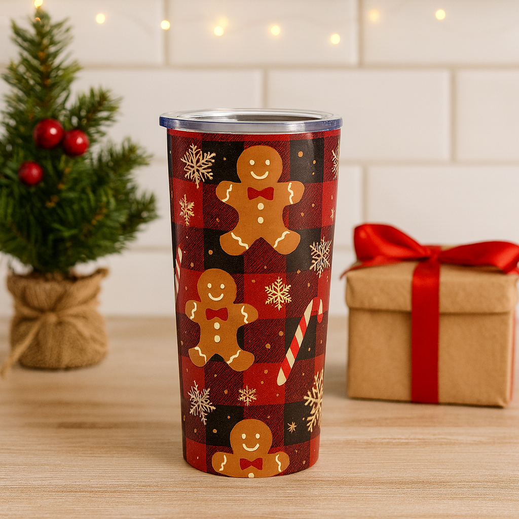 Christmas Plaid Tumbler, Gingerbread Man Insulated Tumbler, Holiday Drinkware Gift, 20oz Stainless Steel, Festive Design