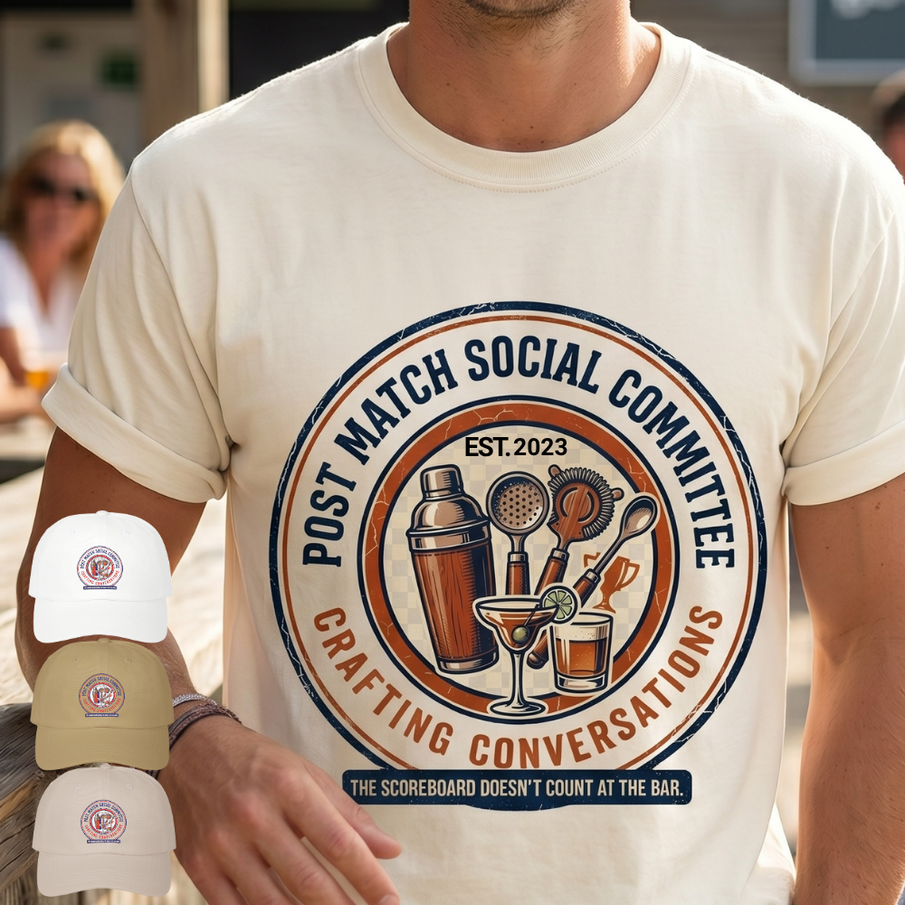 Post Match Social Committee – Comfort Colors Graphic Tee & Matching Dad Cap with Est. Group Year Personalization