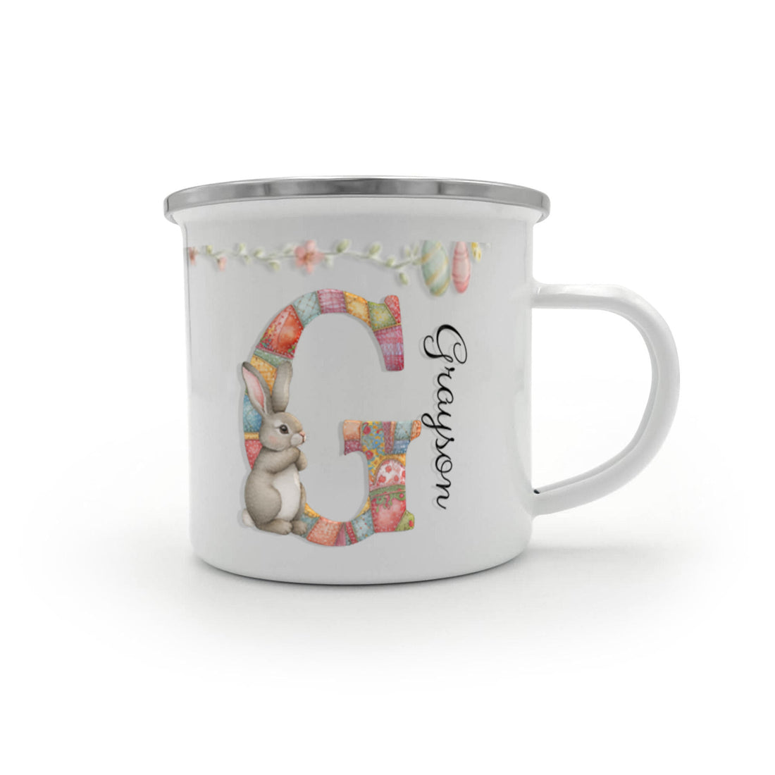 Personalized Cartoon Easter Bunny Initial 12 oz Enamel Mug with Name Easter Gift for Boys and Girls