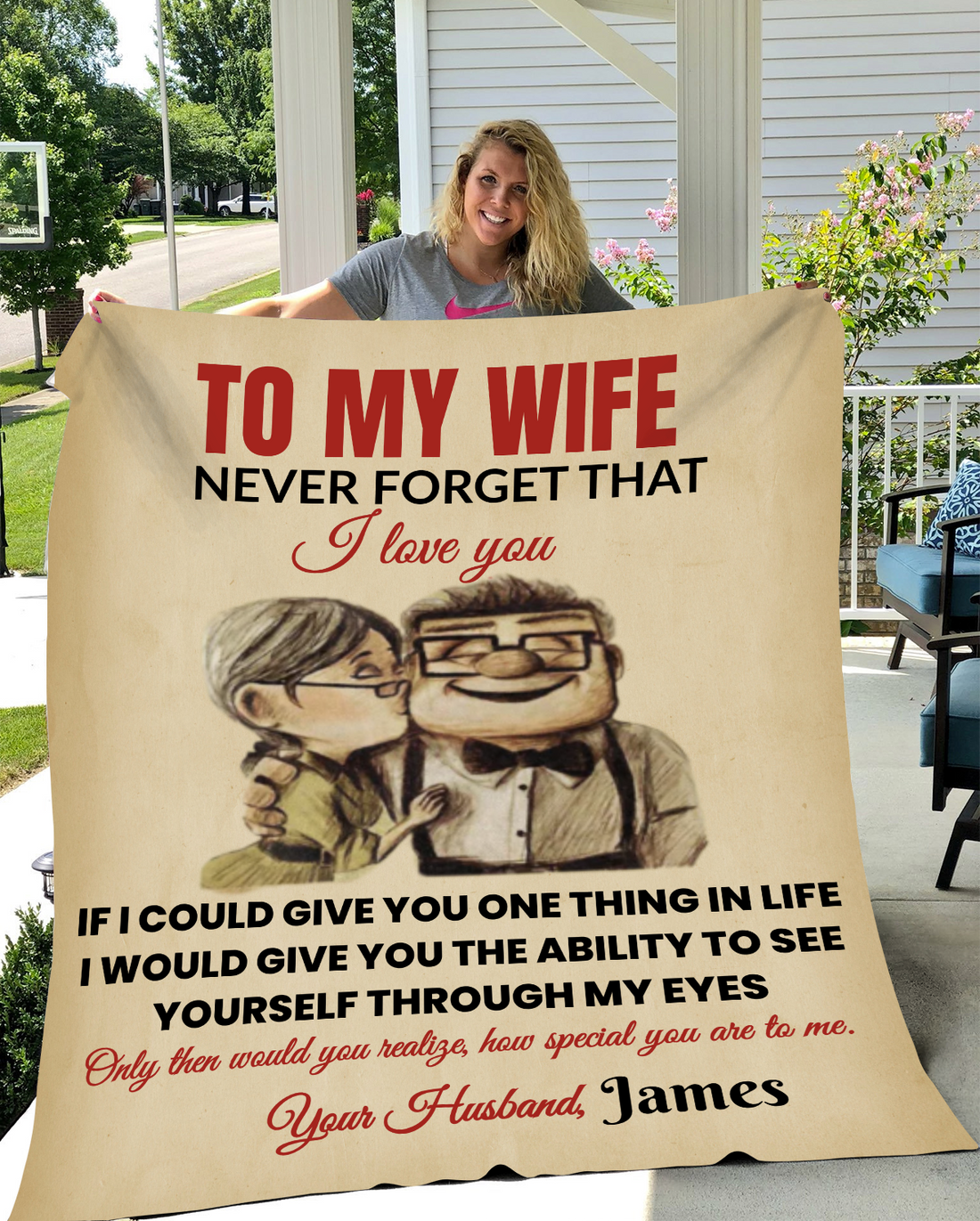 To My Wife Love Message Blanket – Heartfelt Husband Gift, Romantic Cartoon Couple Blanket, Personalized Love Message Throw- 50x60