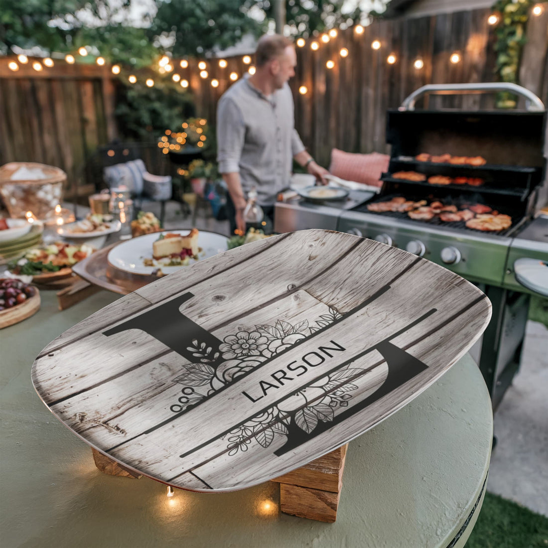 Personalized Father’s Day Platter – Custom Initial & Name Decorative Serving Tray (10x14”) – Wood Look Design Gift for Dad