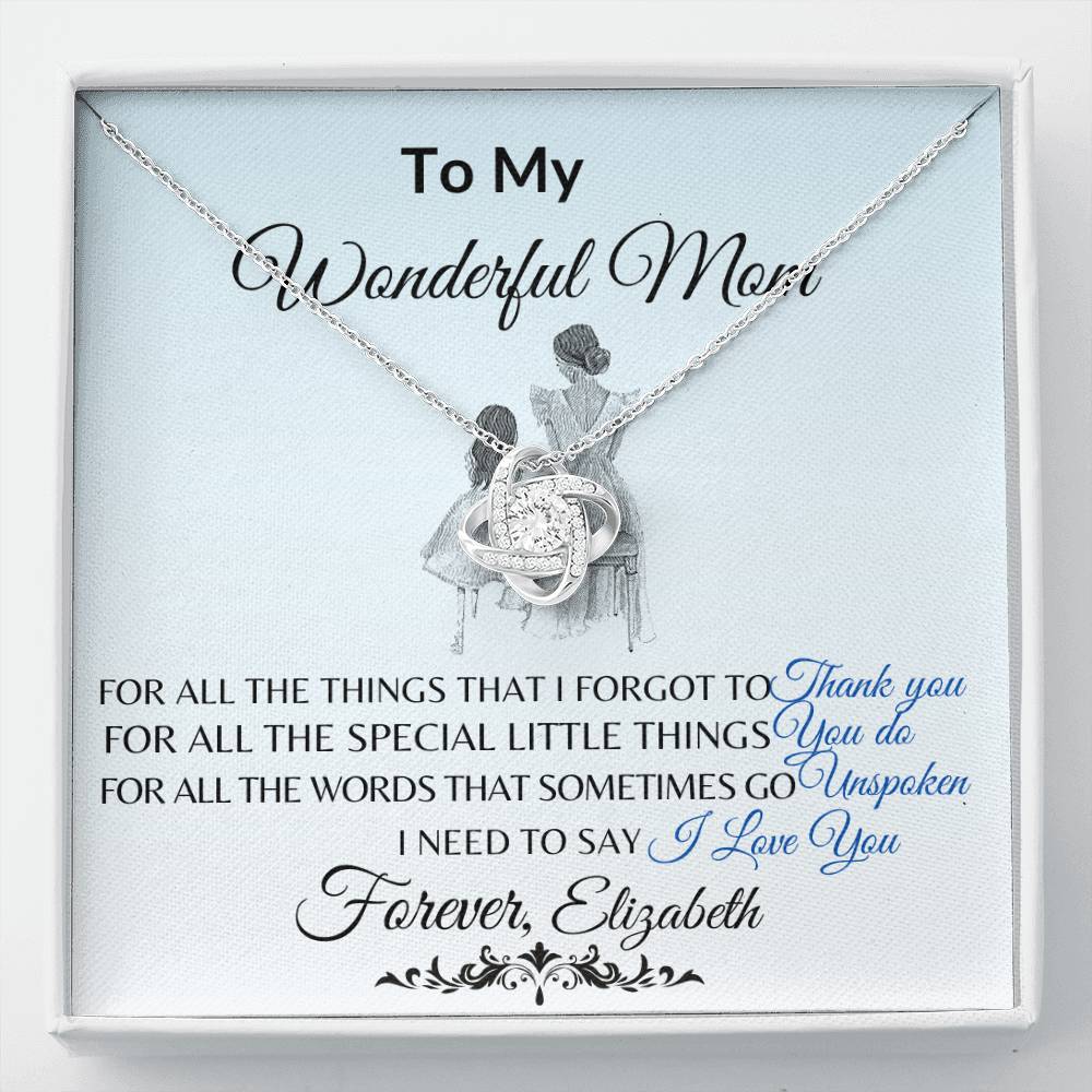 To My Wonderful Mom Necklace – Love Knot Message Card Gift | Elegant Crystal Pendant for Mother’s Day, Birthday or Just Because