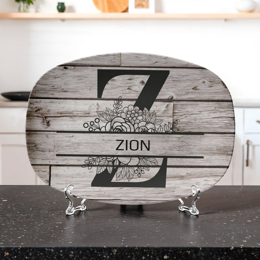 Personalized Father’s Day Platter – Custom Initial & Name Decorative Serving Tray (10x14”) – Wood Look Design Gift for Dad