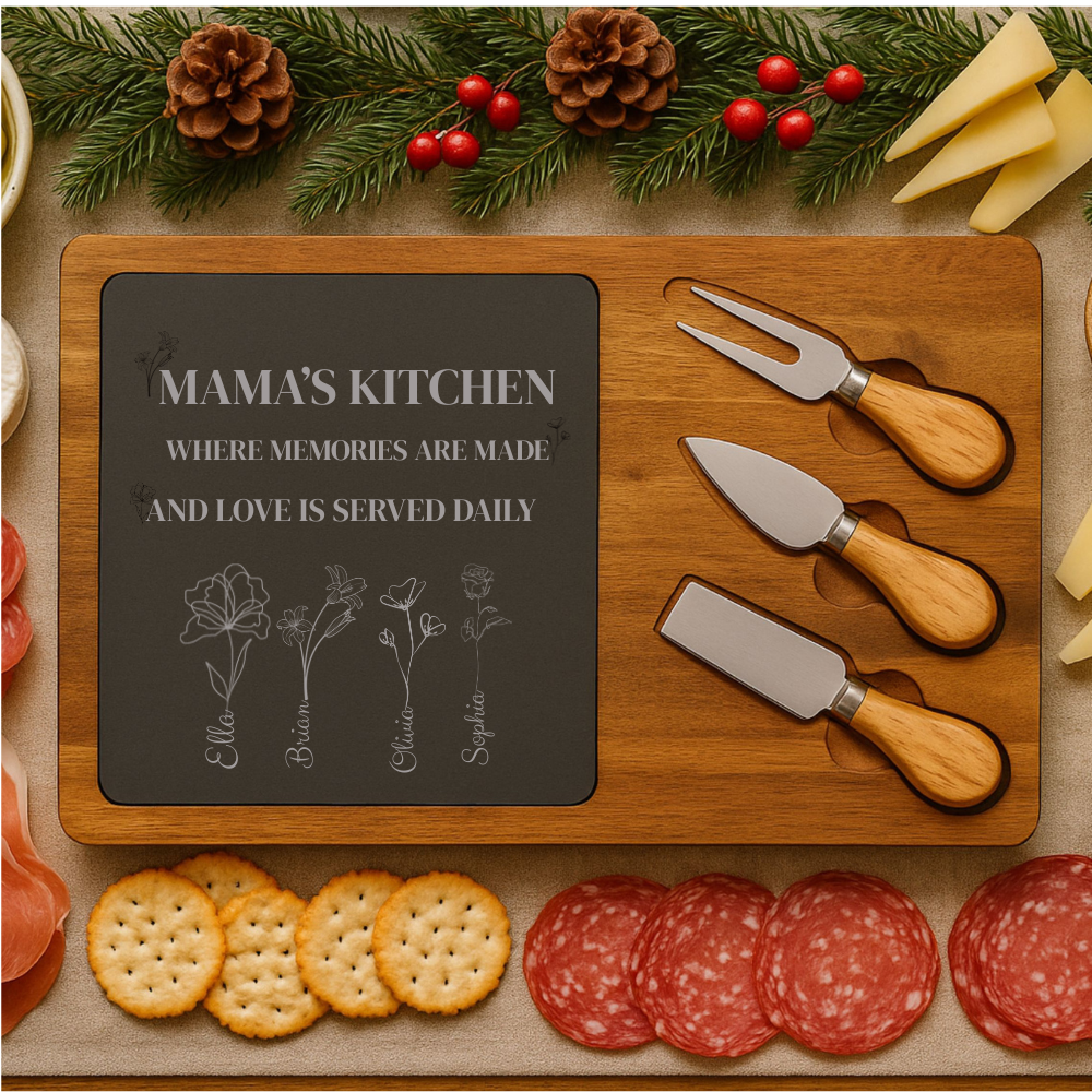 Engraved Acacia Cheese Board with Slate, Personalized Charcuterie Set, Birth Month Flowers with Names, Kitchen Décor, Unique Wedding Gift