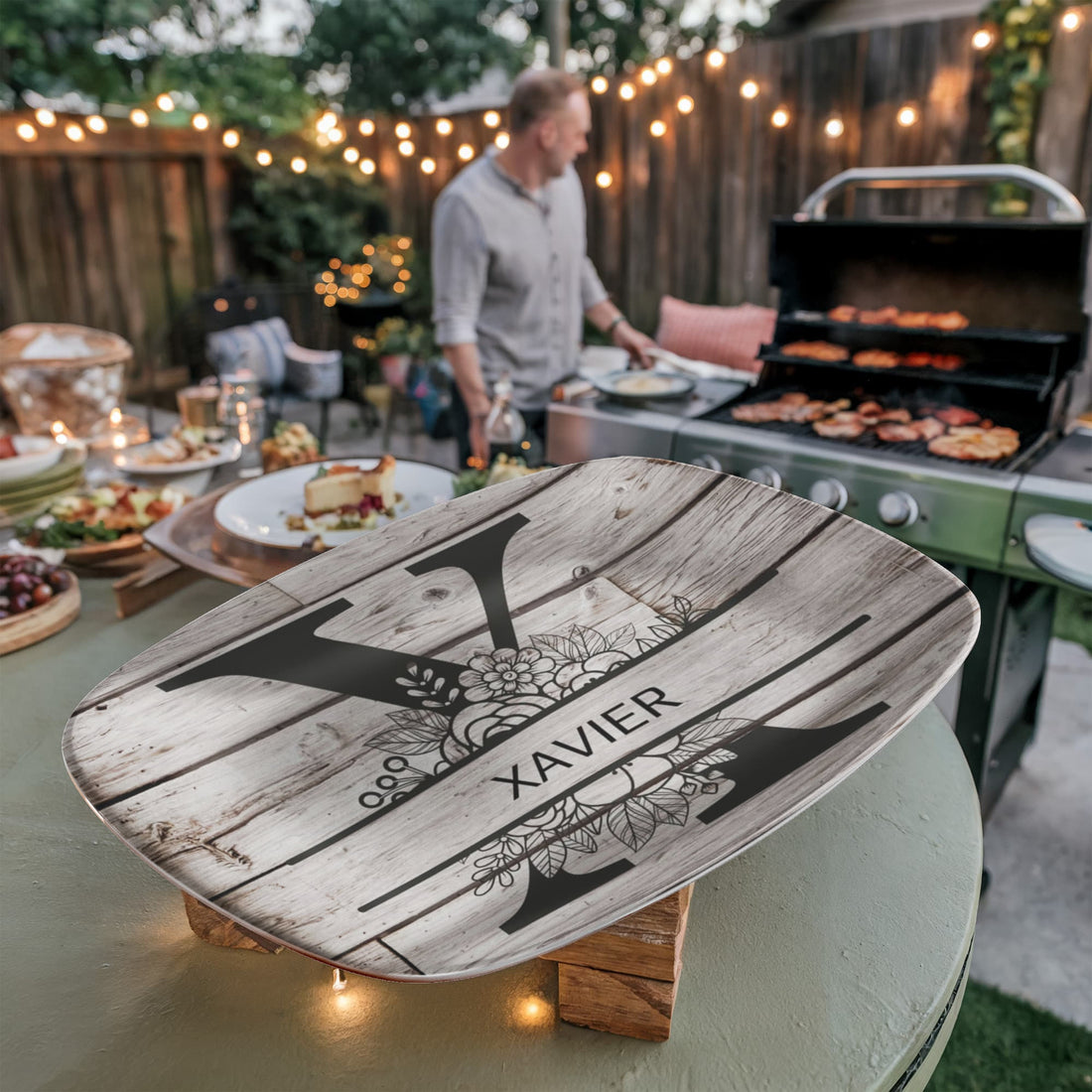 Personalized Father’s Day Platter – Custom Initial & Name Decorative Serving Tray (10x14”) – Wood Look Design Gift for Dad