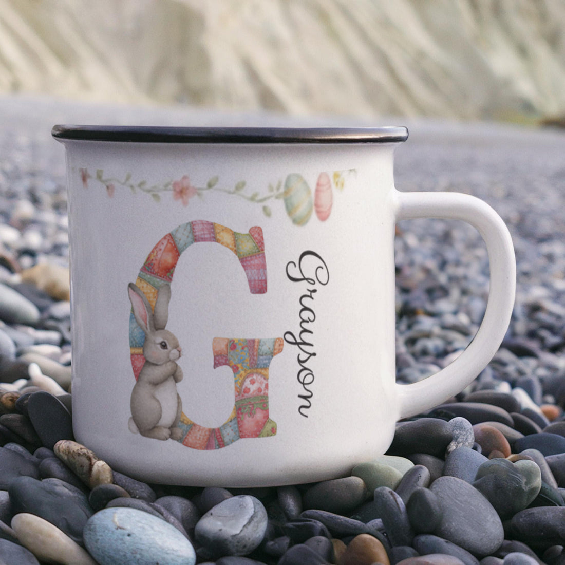 Personalized Cartoon Easter Bunny Initial 12 oz Enamel Mug with Name Easter Gift for Boys and Girls