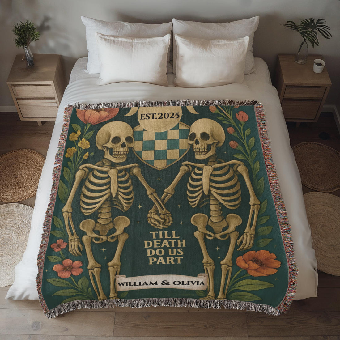 Personalized Skeleton Couple 'Till Death Do Us Part' |Spooky Halloween Tapestry Artwork Heirloom Woven Blanket
