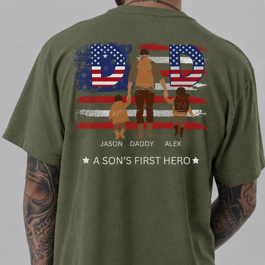 Personalized Dad Shirt, A Son’s First Hero T-Shirt, Custom Daddy Shirt with Kids Names, Father’s Day Gift for Dad, Patriotic Dad Tee