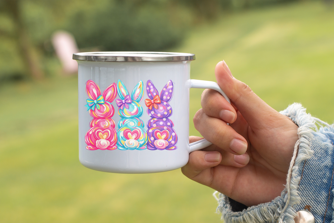 Personalized Bunny Mug, Custom Enamel Camp Mug, Easter Gift, Colorful Rabbit Design, Stainless Steel Cup, 12 oz Coffee Mug