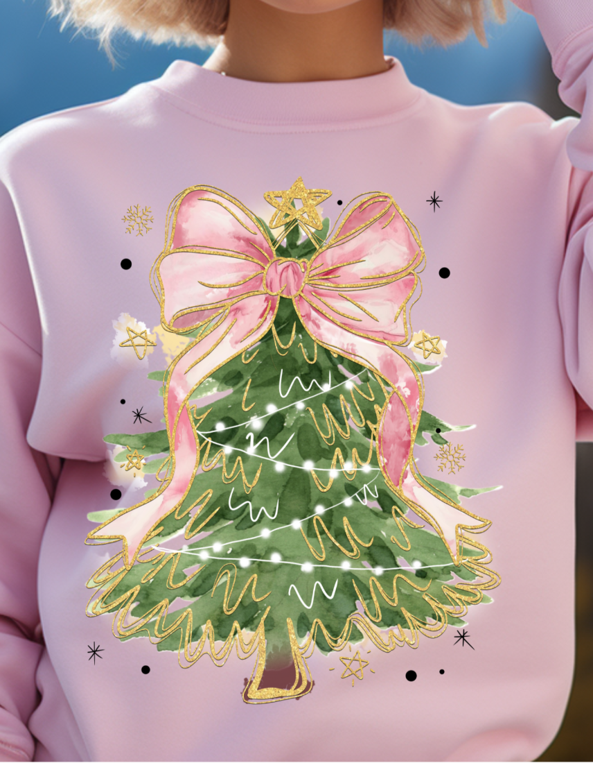 Watercolor Pink Bow Christmas Tree Coquette Sweatshirt – Cute & Classy Holiday Crewneck