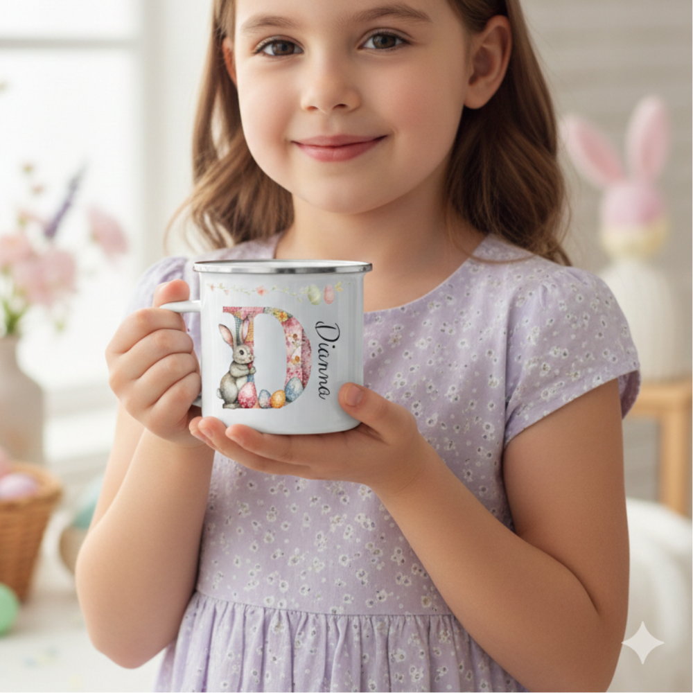 Personalized Cartoon Easter Bunny Initial 12 oz Enamel Mug with Name Easter Gift for Boys and Girls