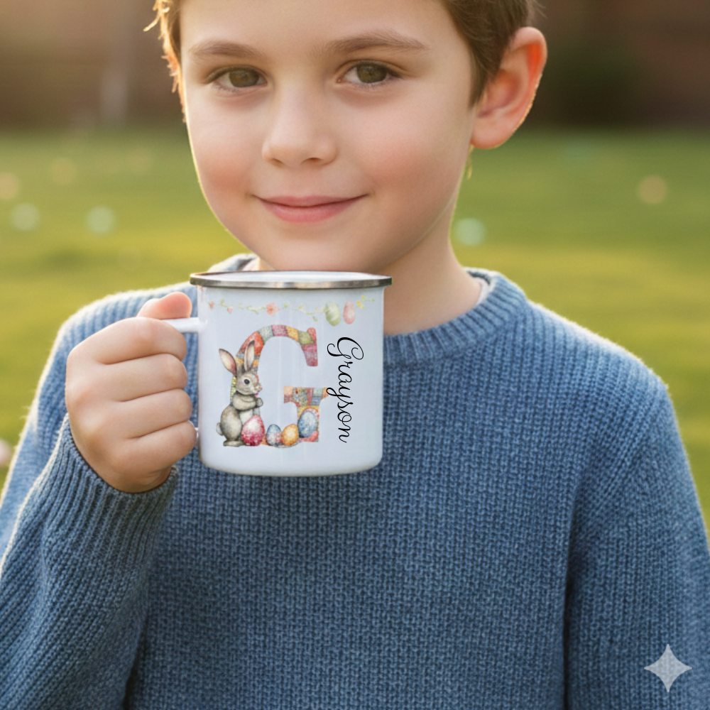 Personalized Cartoon Easter Bunny Initial 12 oz Enamel Mug with Name Easter Gift for Boys and Girls