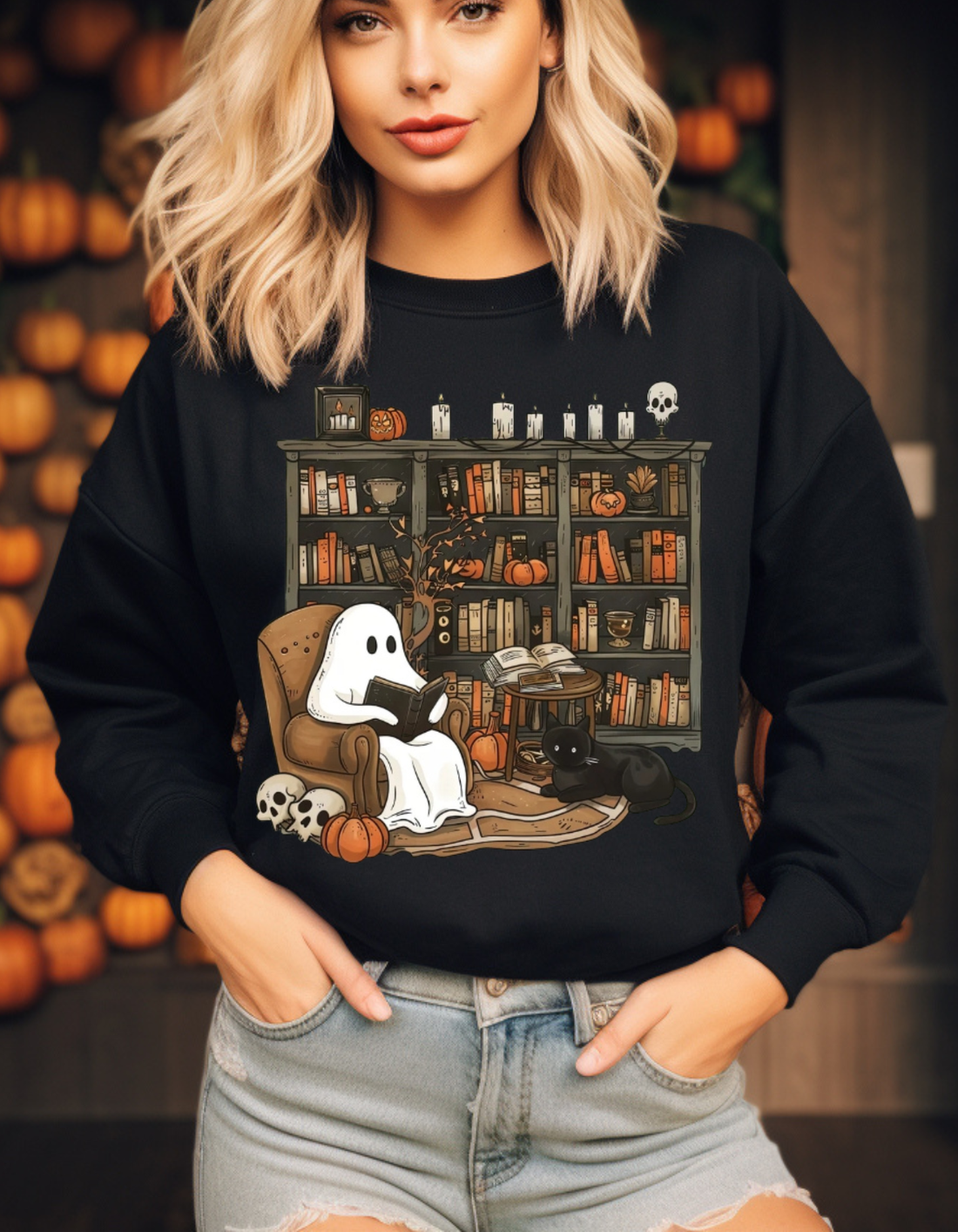 Retro Ghost Reading Books Sweatshirt, Librarian, Teacher Ghost Halloween