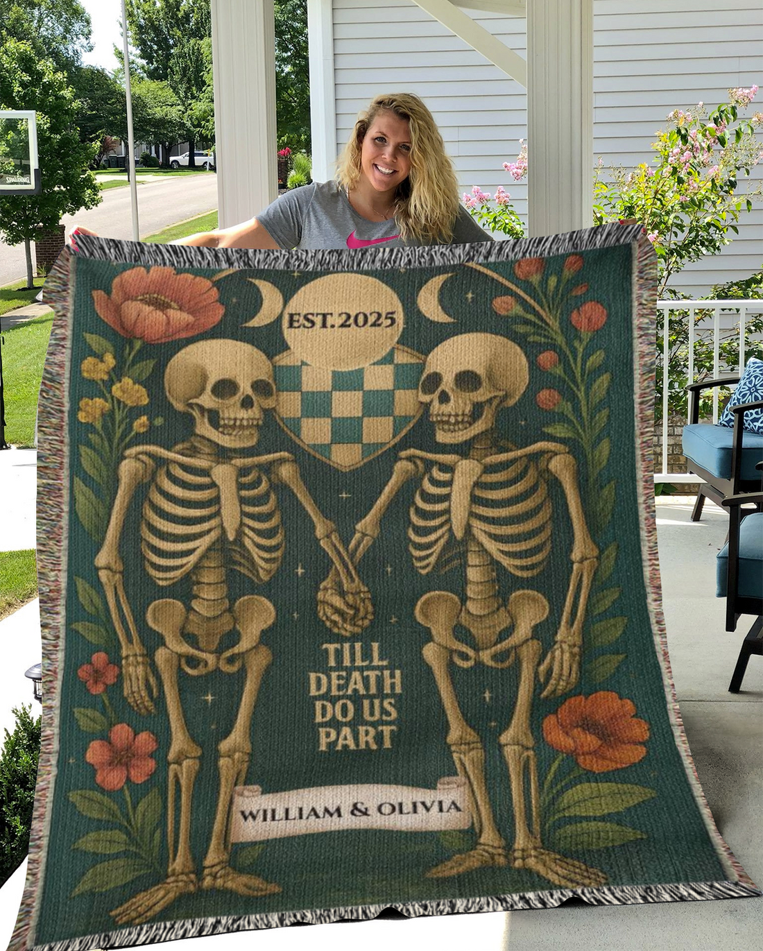 Personalized Skeleton Couple 'Till Death Do Us Part' |Spooky Halloween Tapestry Artwork Heirloom Woven Blanket