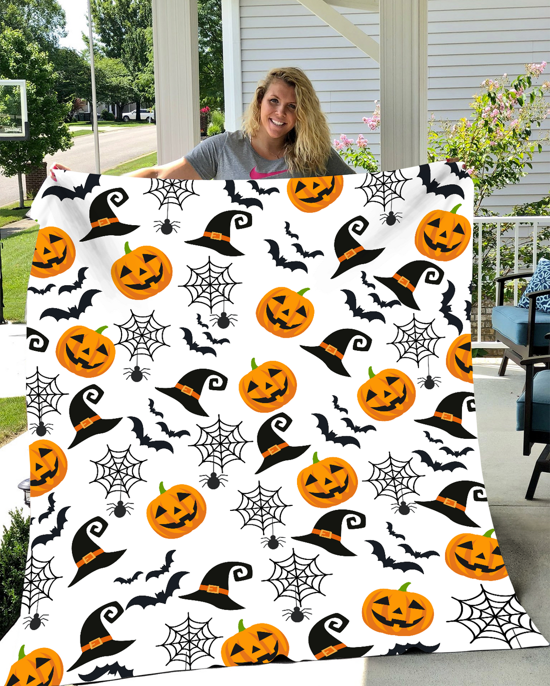 Haunted Halloween Throw Blanket: Spider Webs Witch's Hat Black Bats and Pumpkin Designs