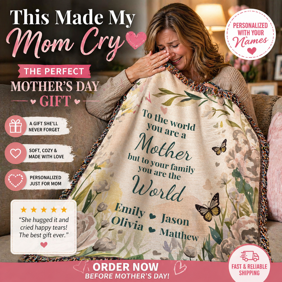 Personalized Mother’s Day Blanket – Custom Mom Gift with Kids Names – “You Are The World” Floral Throw