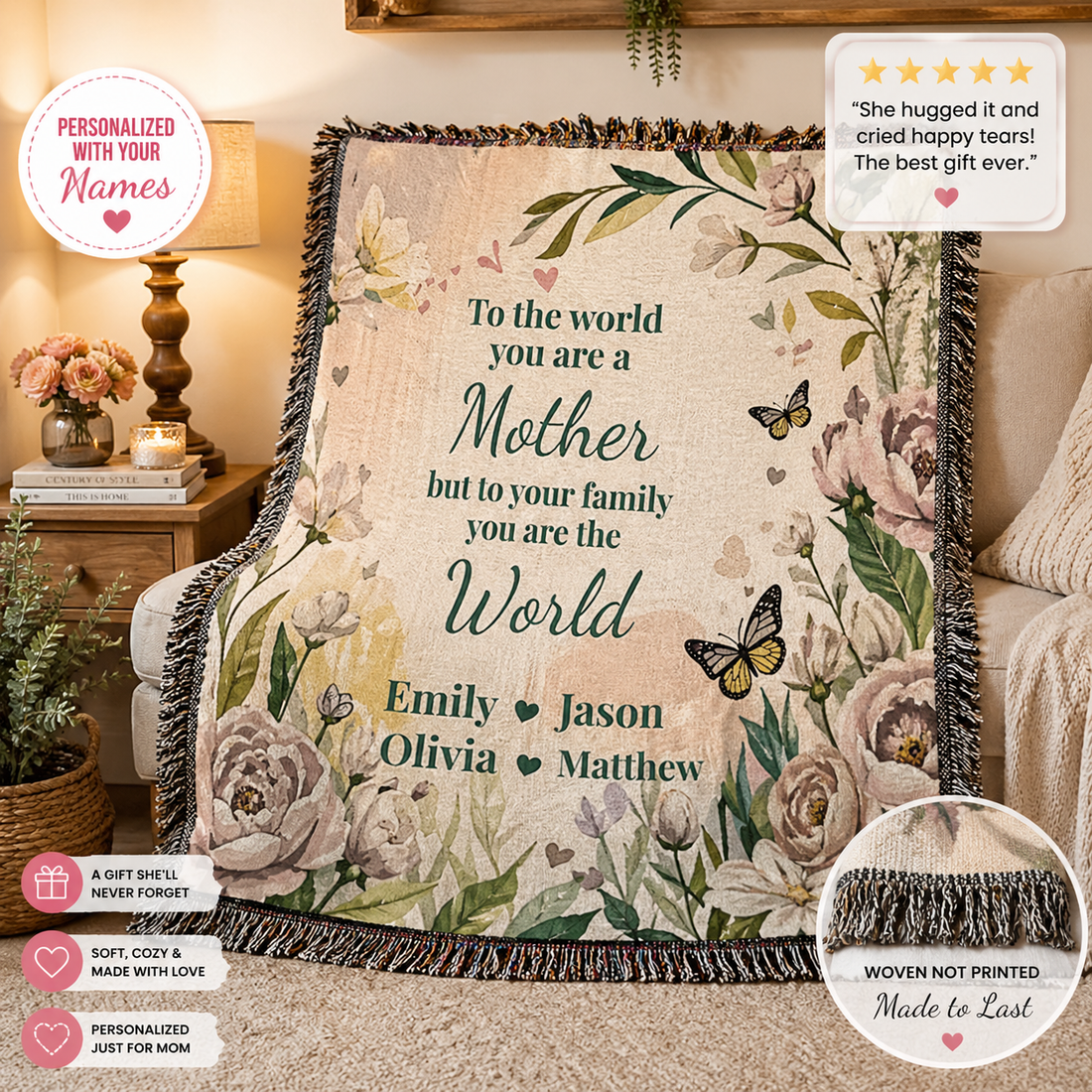 Personalized Mother’s Day Blanket – Custom Mom Gift with Kids Names – “You Are The World” Floral Throw