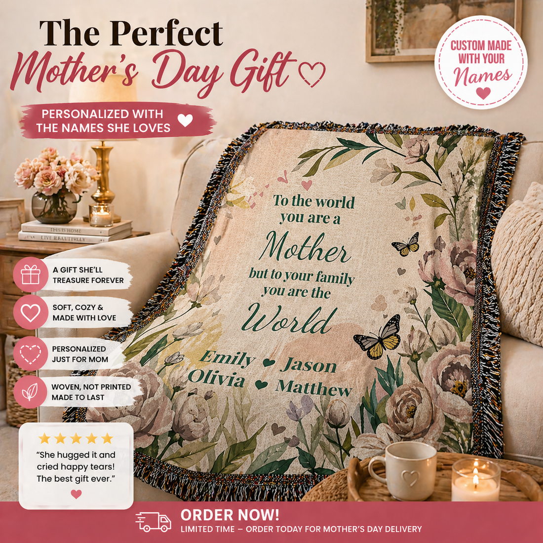Personalized Mother’s Day Blanket – Custom Mom Gift with Kids Names – “You Are The World” Floral Throw
