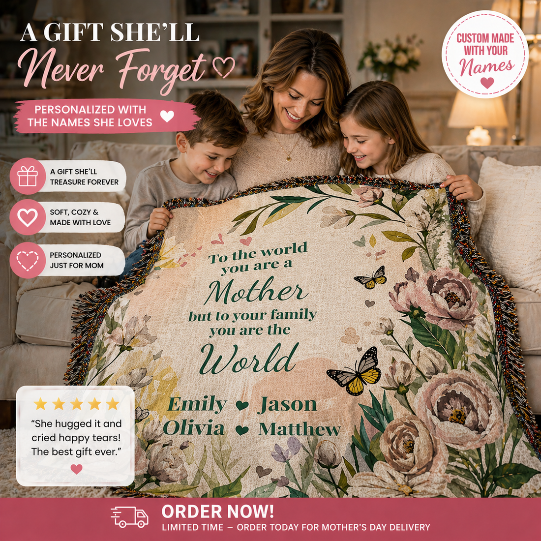 Personalized Mother’s Day Blanket – Custom Mom Gift with Kids Names – “You Are The World” Floral Throw