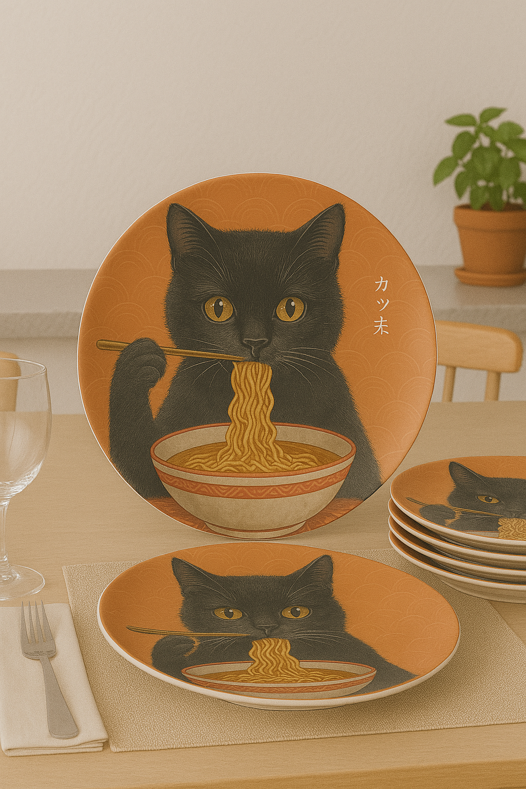 Serve up charm with every meal! This dinner plate features a playful black cat enjoying a bowl of ramen | Great Gift