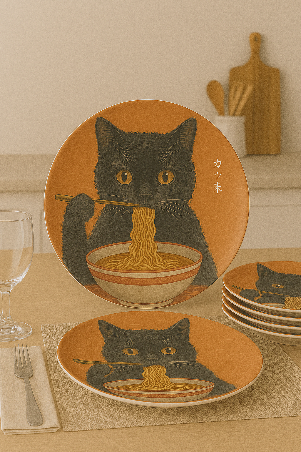 Serve up charm with every meal! This dinner plate features a playful black cat enjoying a bowl of ramen | Great Gift