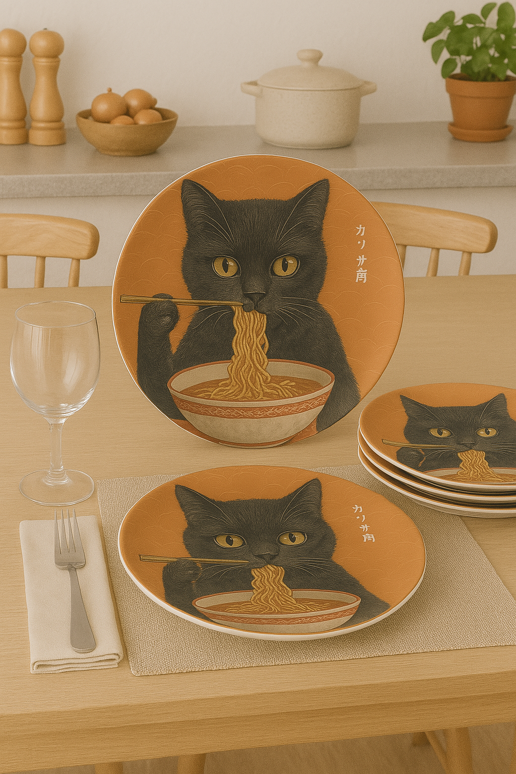 Serve up charm with every meal! This dinner plate features a playful black cat enjoying a bowl of ramen | Great Gift