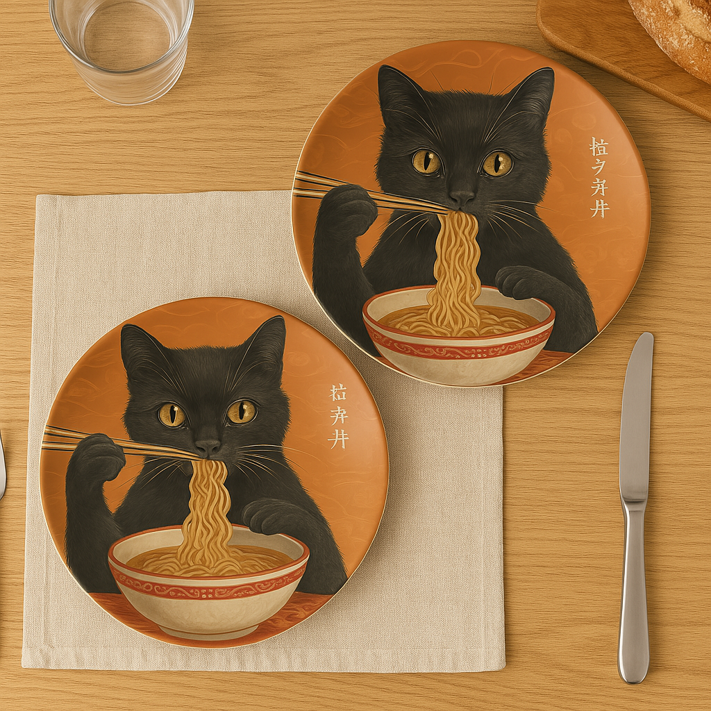 Serve up charm with every meal! This dinner plate features a playful black cat enjoying a bowl of ramen | Great Gift