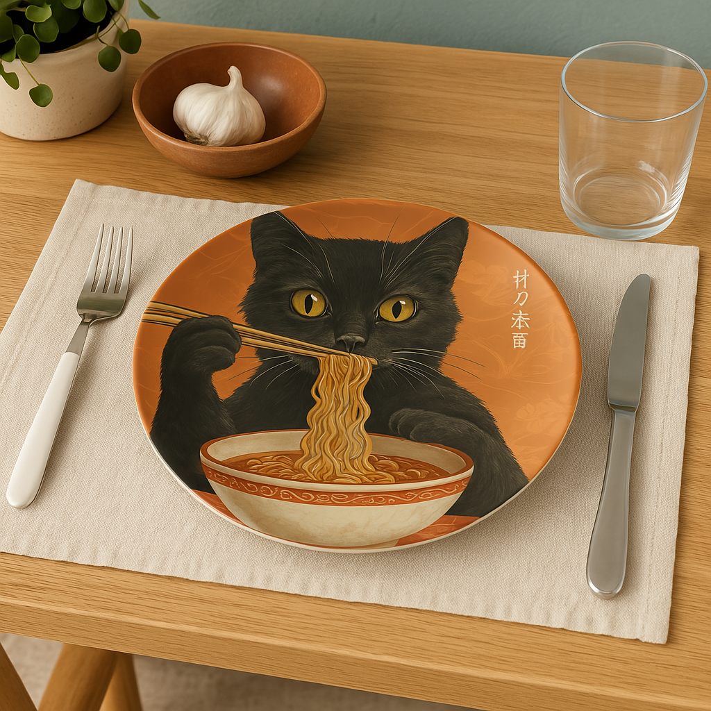 Serve up charm with every meal! This dinner plate features a playful black cat enjoying a bowl of ramen | Great Gift
