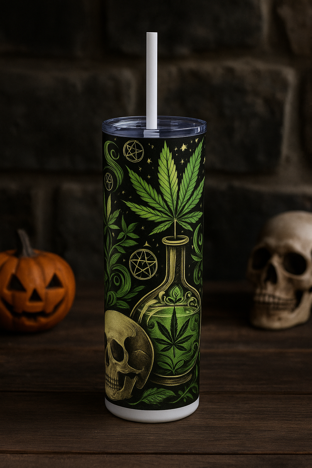 Skull & Leaf Design Stainless Steele Skinny Tumbler with Straw, 20oz
