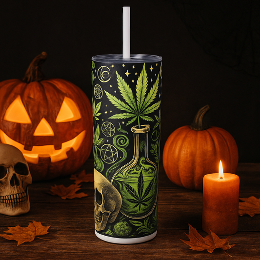 Skull & Leaf Design Stainless Steele Skinny Tumbler with Straw, 20oz
