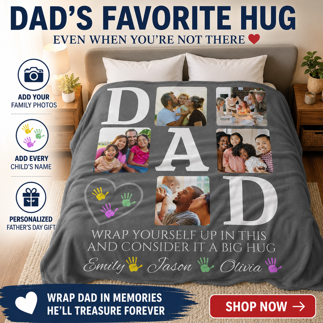 "BIG HUG" Custom Family Photo Throw, Father's Day Gift, Cozy Warm Blanket, Memory Keepsake