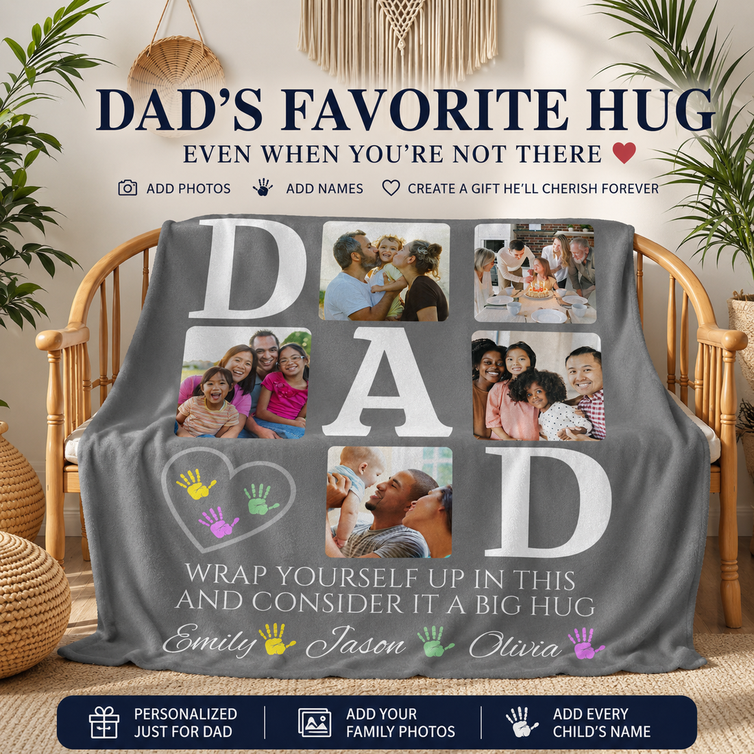"BIG HUG" Custom Family Photo Throw, Father's Day Gift, Cozy Warm Blanket, Memory Keepsake