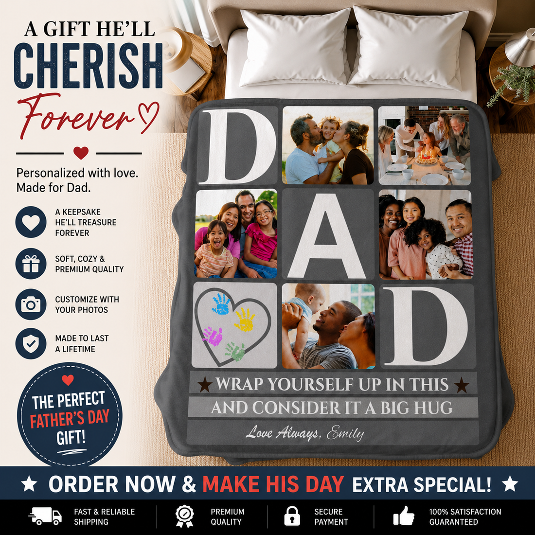 Personalized Dad Photo Blanket – "Big Hug" Dad Custom Family Blanket – Gift for Dad from Kids – Father’s Day Photo Blanket