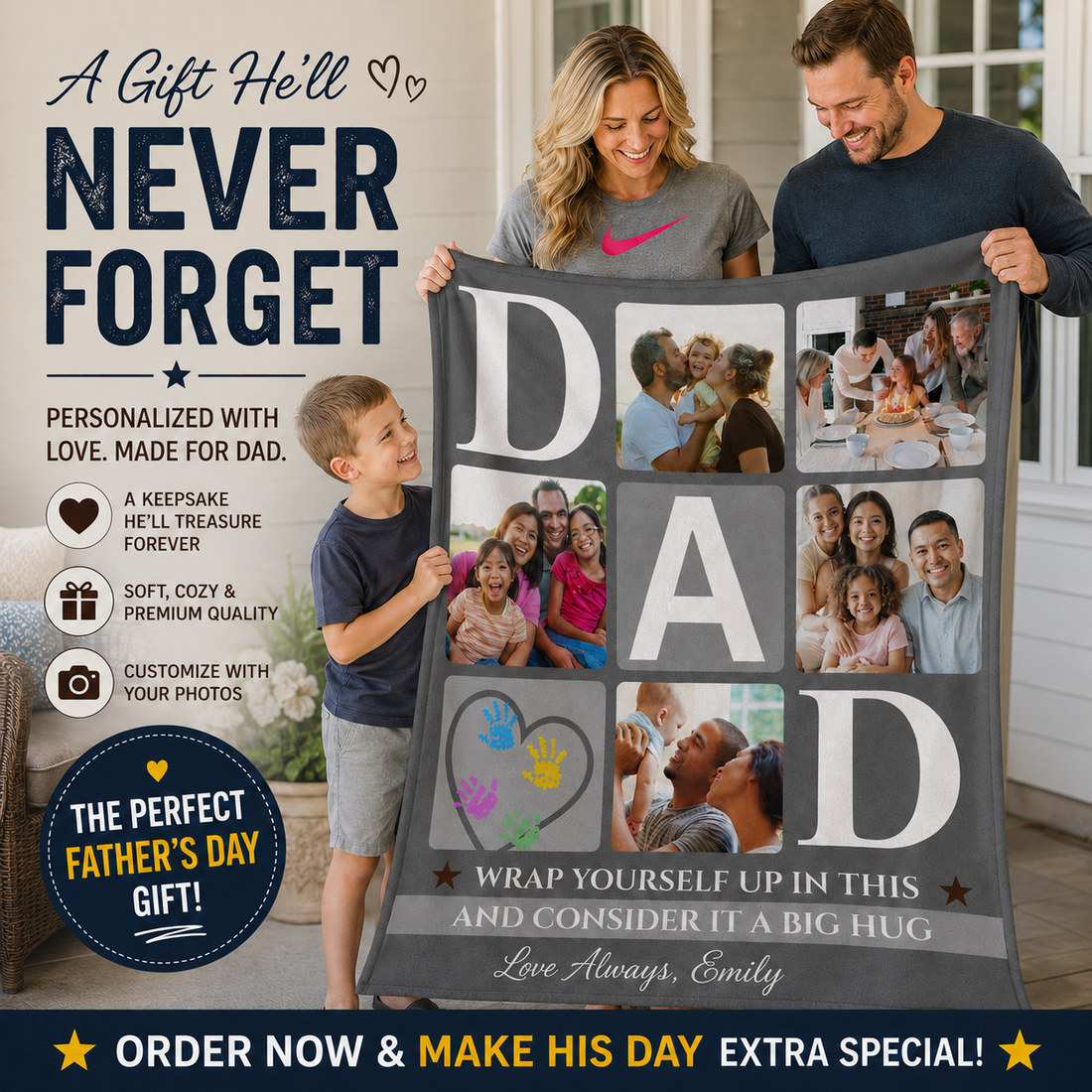 Personalized Dad Photo Blanket – "Big Hug" Dad Custom Family Blanket – Gift for Dad from Kids – Father’s Day Photo Blanket