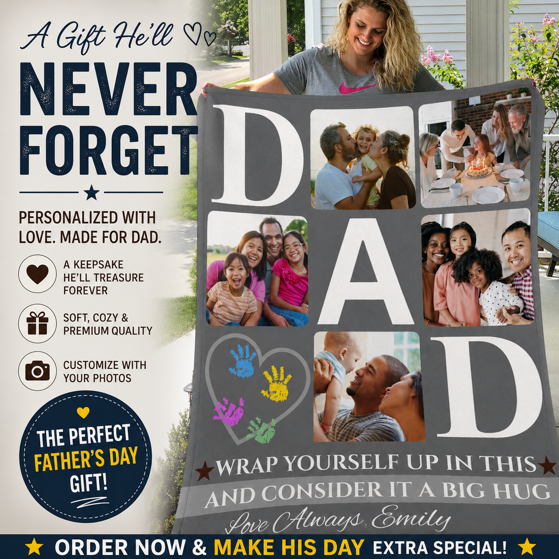 Personalized Dad Photo Blanket – "Big Hug" Dad Custom Family Blanket – Gift for Dad from Kids – Father’s Day Photo Blanket