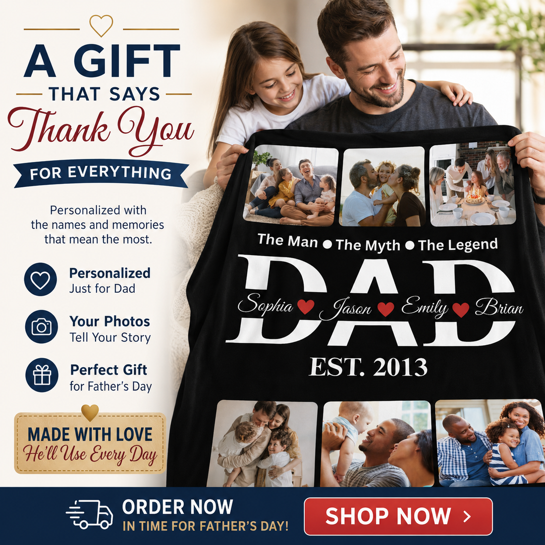 Personalized Dad Photo Blanket – Custom Family Collage Blanket with Names & EST Year – Gift for Dad from Kids – Father’s Day Blanket
