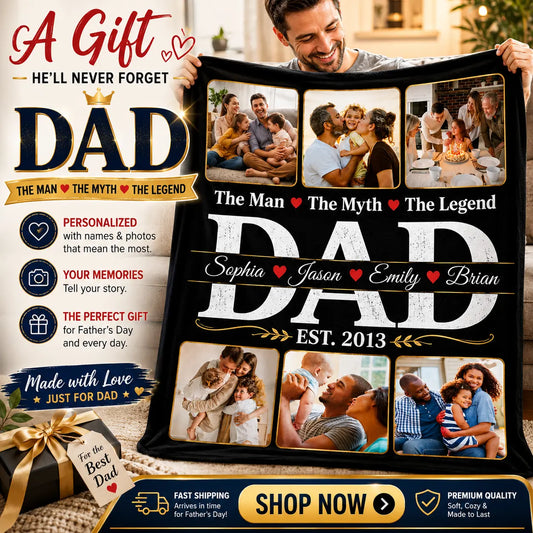 Personalized Dad Photo Blanket – Custom Family Collage Blanket with Names & EST Year – Gift for Dad from Kids – Father’s Day Blanket