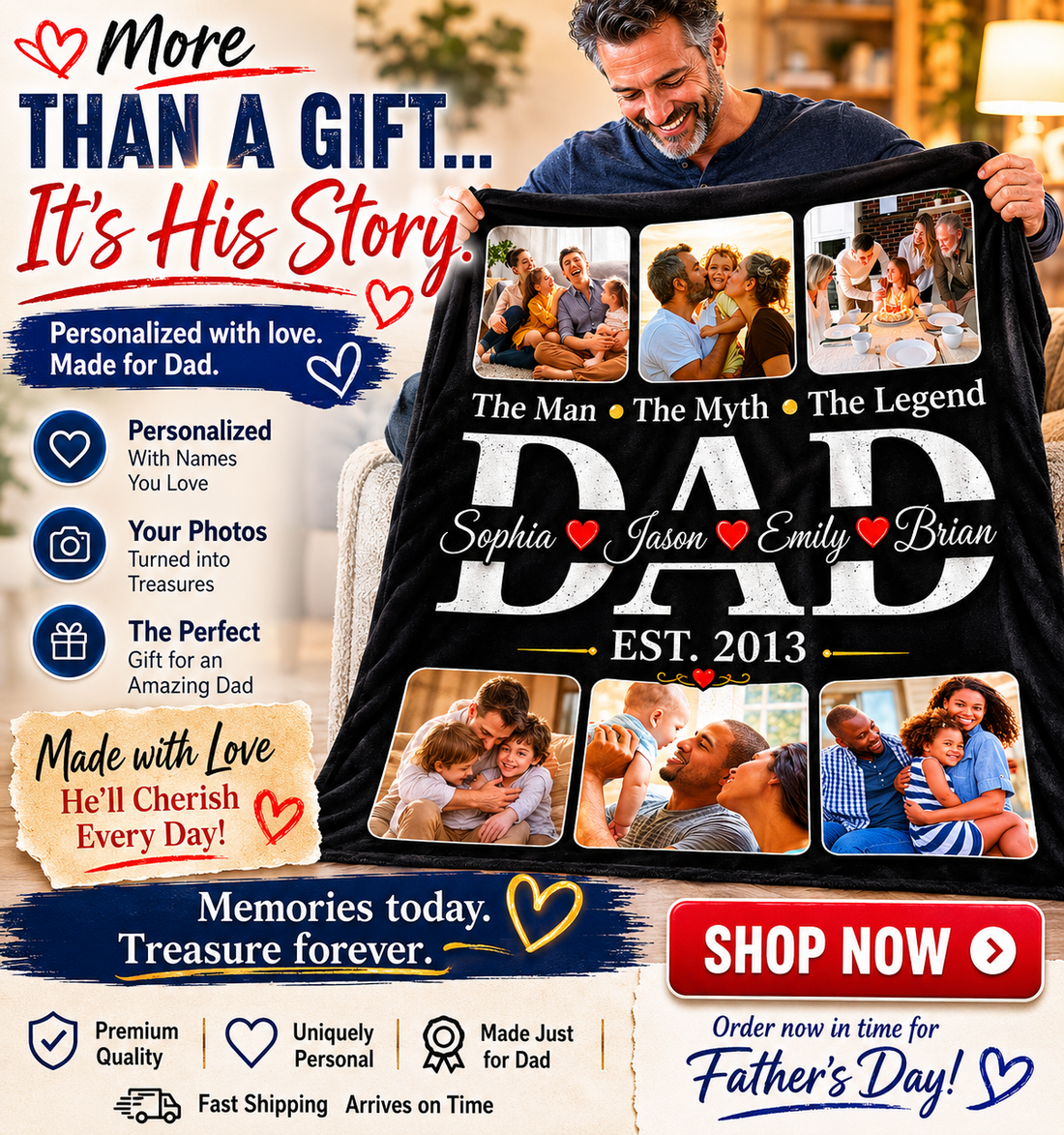 Personalized Dad Photo Blanket – Custom Family Collage Blanket with Names & EST Year – Gift for Dad from Kids – Father’s Day Blanket