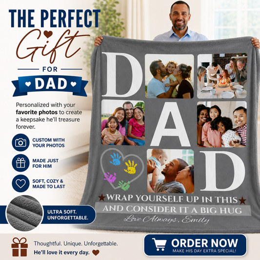 Personalized Dad Photo Blanket – "Big Hug" Dad Custom Family Blanket – Gift for Dad from Kids – Father’s Day Photo Blanket