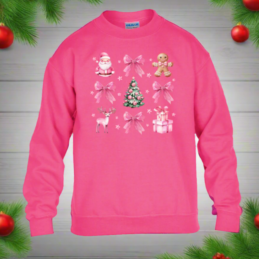 Coquette Christmas Sweatshirt | Pretty Pink Bows, Santas and Gingerbread Sweatshirt Youth