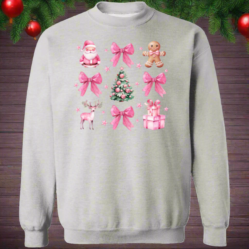 Coquette Christmas Sweatshirt | Pretty Pink Bows, Santas and Gingerbread Sweatshirt