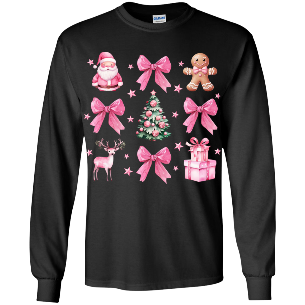 Coquette Christmas LS T-Shirt| Pretty Pink Bows, Santas and Gingerbread LS T-Shirt Youth