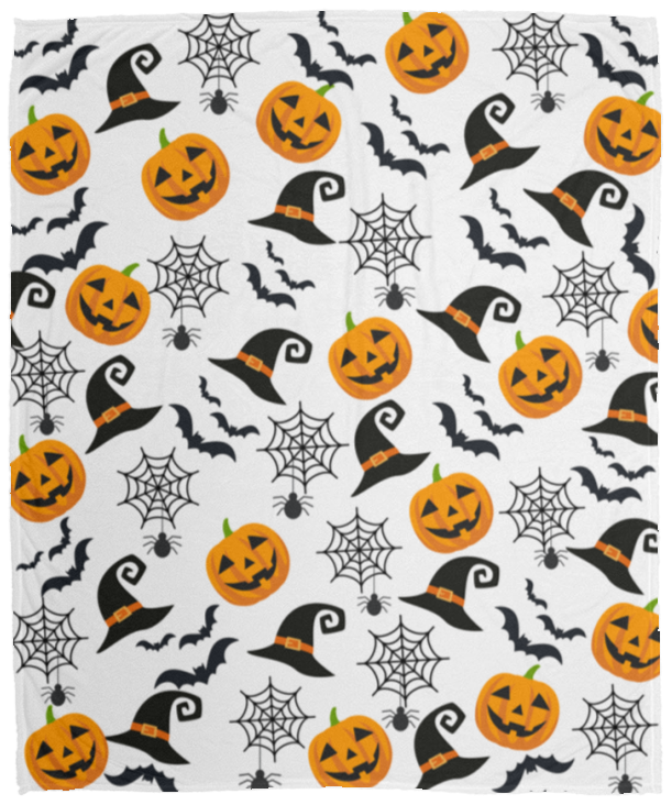 Haunted Halloween Throw Blanket: Spider Webs Witch's Hat Black Bats and Pumpkin Designs