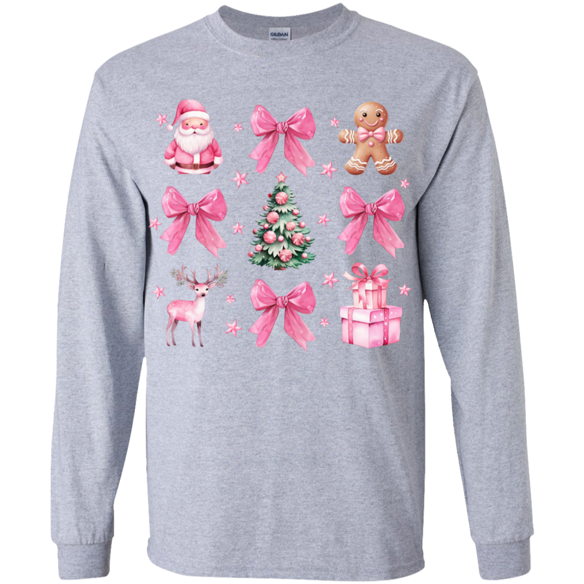 Coquette Christmas LS T-Shirt| Pretty Pink Bows, Santas and Gingerbread LS T-Shirt Youth