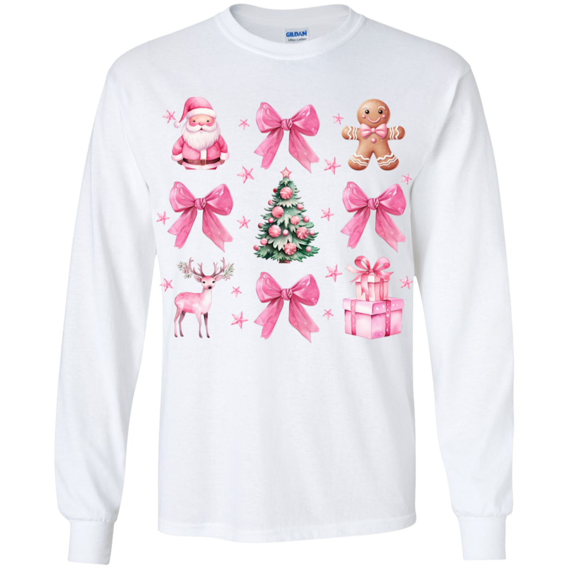 Coquette Christmas LS T-Shirt| Pretty Pink Bows, Santas and Gingerbread LS T-Shirt Youth