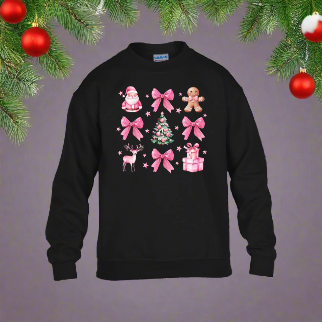 Coquette Christmas Sweatshirt | Pretty Pink Bows, Santas and Gingerbread Sweatshirt Youth