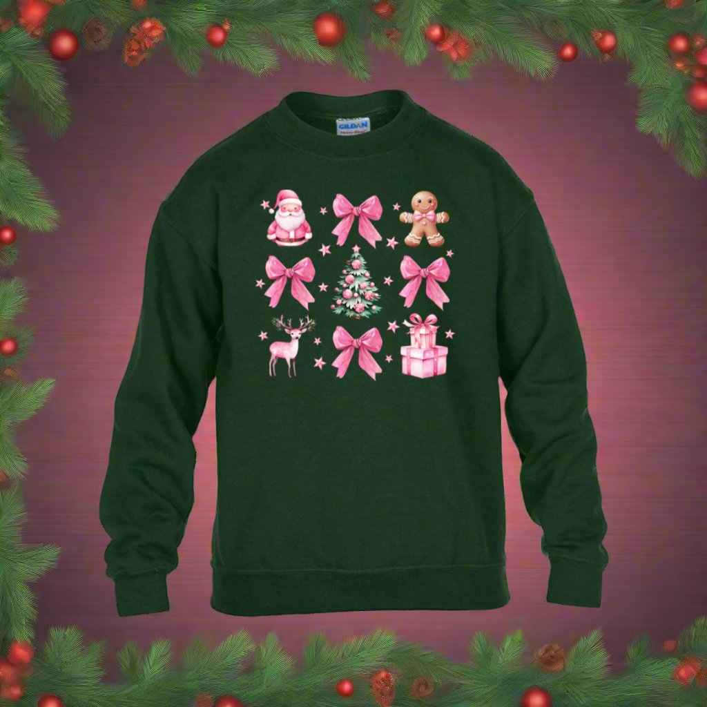 Coquette Christmas Sweatshirt | Pretty Pink Bows, Santas and Gingerbread Sweatshirt Youth