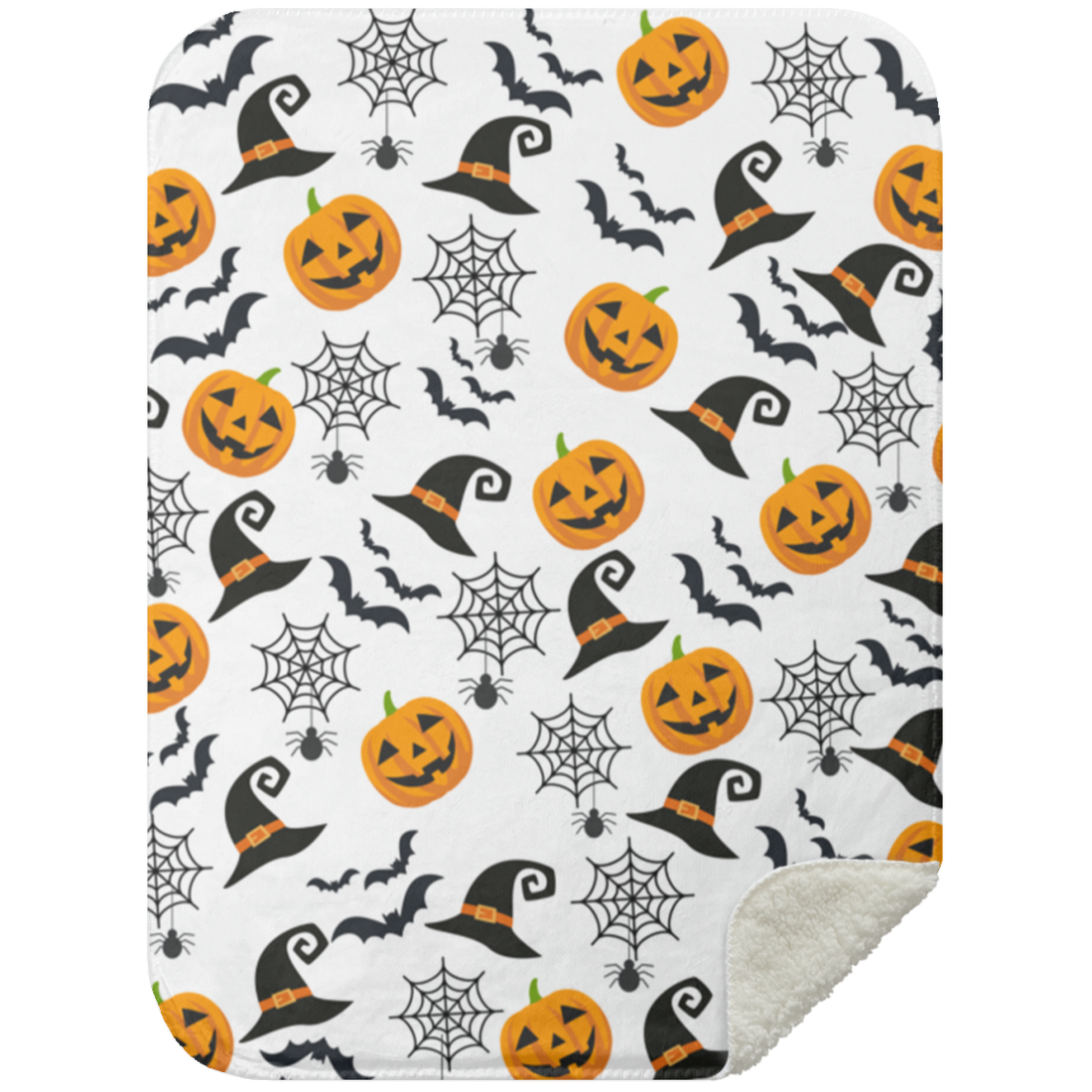 Haunted Halloween Throw Blanket: Spider Webs Witch's Hat Black Bats and Pumpkin Designs